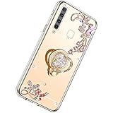 Herbests Cover Case Compatibile con Samsung Galaxy A9 2018 Mirror Custodia Silicone Diamante Glitter Bling Cover con Supporto Anello Custodia Flessibile Gomma Morbida Silicone Case,Oro
