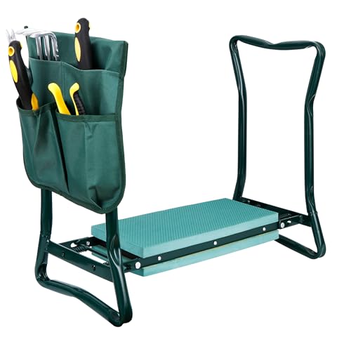 HomGarden Folding Garden Kneeler Seat Bench Stool w/Soft Kneeling Pad and Large Tool Pouch Foldable Gardener Stool