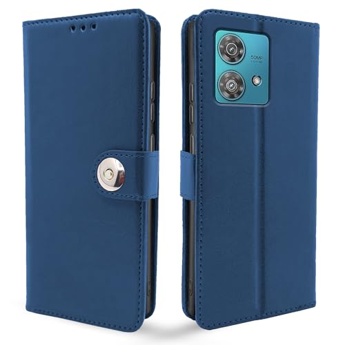 Image of Pikkme Moto Edge 40 Neo 5G Flip Cover Leather Finish | Wallet Stand and Shock Proof | Inside TPU with Card Pockets | Complete Protection Button Flip Case (Blue)