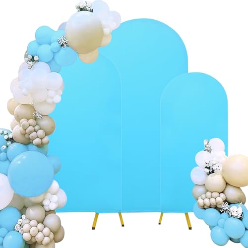 Spandex Fitted Wedding Arch Cover Set of 3 Light Blue Arch Backdrop Cover, Round Top Chiara Backdrop Stand Covers for Wedding Birthday Party Baby Shower Banquet Arch Decor (Light Blue, 4FT,5FT,6FT)