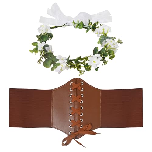 XZCYAMPF Lace-up Pirate Corset Belt for Women Leather Waist Cincher with Floral Headpiece Renaissance Halloween Costume Accessories (Brown 44ft)