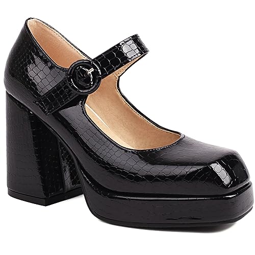 Women Square Toe Mary Jane Shoes Platform Block Heels Pumps with Buckle2