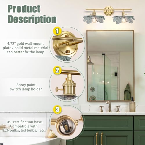 Image of gold vanity light mid century Modern Vanity Lights Fixtures 2 light bathroom sconce with Dark Green Glass Shade gold Wall Sconce Light Bathroom Lights Over Mirror for Bedroom Hallway Living Room