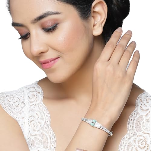 Image of ZENEME Rhodium-Plated Square Shaped American Diamond Studded Kada Bracelet For Girls and Women