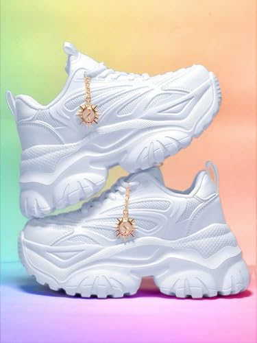 Women's Trendy Sneakers with Gold Sun Charm Platform Thick-Sole 2.75-inch Height Boost Stylish Streetwear Cushioned Comfort for Daily Wear + Non-Slip & Shock-Absorbing2