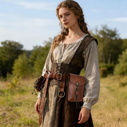 Image of Renaissance Pirate Belt Pouch with Coin Purse Skirt Hike Set | Medieval Viking Pirate Belt Pouch for Halloween Cosplay Ren Faire Accessories,Brown.
