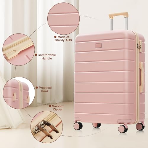 3-Piece ABS Luggage Set with TSA Locks - 20" 24" 28" Spinner Wheel Suitcase Ensemble, 360° Spinner Wheels & Telescoping Handle, Lightweight Checked & Carry-On Luggage for Travel (Pink)2