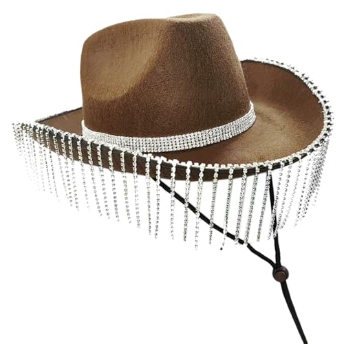 Chapeau de cowgirl marron avec strass et franges pour fête à thème