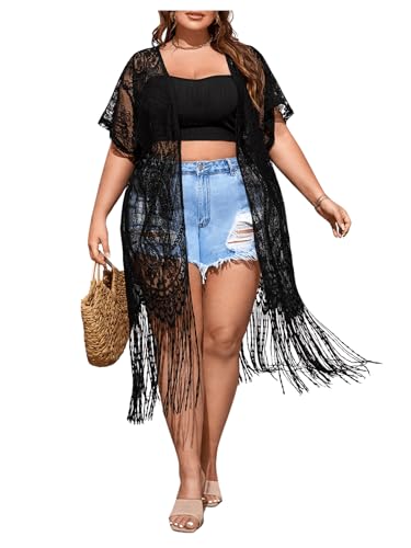 SOLY HUX Women's Plus Size Lace Sheer Fringe Trim Cover Up Dress Short Sleeve Open Front Kimono Cardigans2