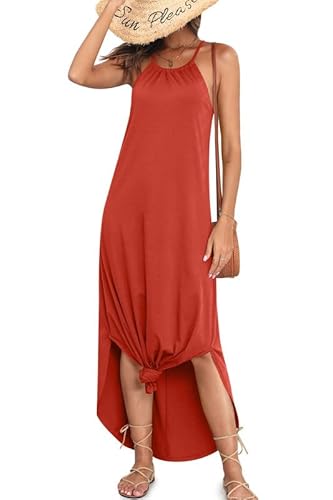 Womens Summer Casual Long Loose Side Slit Halter Maxi Midi Rust Sun Beach Dress M #TOP25