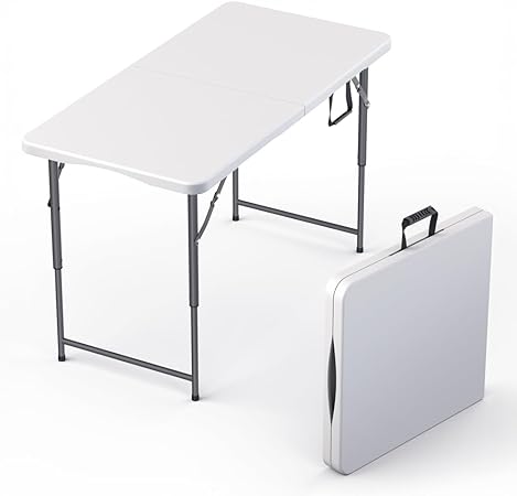 4 Feet Foldable Table Adjustable Height with Built in Handle, Steel Legs | Heavy Duty Portable | Perfect for Party, Dining, Wedding, Events, Picnic Indoor, Outdoor, Camping, Utility, Folding