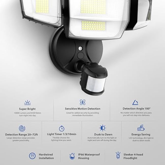 Onforu 90W 10000LM LED Motion Sensor Outdoor Lights, 4-Head Dusk to Dawn Outdoor Lighting, Hardwired Flood Lights, IP66 Waterproof 6500K Security Floodlight for Outside (Black)