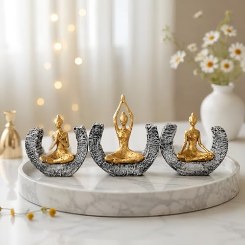 Image of Amazon Basics Serene Yoga Meditating Figurine Set for Home & Office Decor | Modern Spiritual Sculpture Showpieces for Living Room, Meditation Corner & Shelf Styling (Gold & Grey, Set of 3)