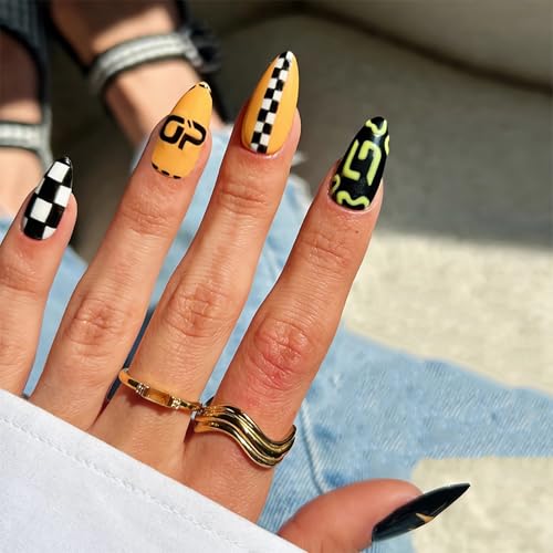 BABALAL Press on Nails Medium Almond Fake Nails Black Yellow