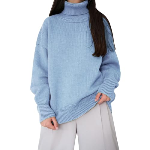 Suéter de cuello vuelto para mujer, para otoño e invierno, holgado, versátil, color liso, azul celeste, L