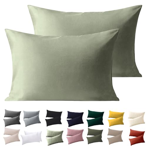 Soifox Pillow Cases 2 Pack Sage Green Pillowcases with Envelope Closure 100% Brushed Microfiber House Wife Pillow Covers Wrinkle and Stain Resistant Standard Size 50x75 cm