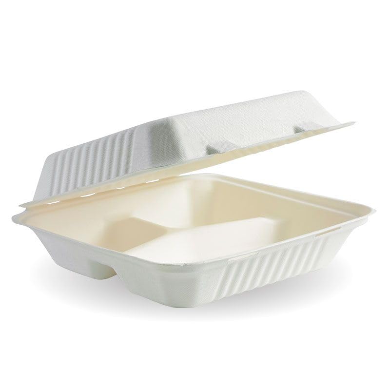 We Can Source It Ltd – Bagasse 3 Compartment Food Lunch Boxes 9x9 Inch with Hinged Lid – Microwave & Freezer Safe Containers for Takeaway, Meal Prep & Parties – Leak Resistant Design - Pack of 50