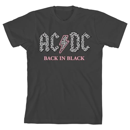 AC/DC Back in Black Gray Leopard Print Logo Crew Neck Short Sleeve Girl's Black T-Shirt