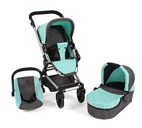 Carrito De Muñecas Bayer Chic Fides 3 En 1 | Capazo + Silla De Paseo + Asiento Coche | Hasta 52 Cm | Gris Y Rosa | 61x44.5x85 Cm