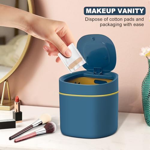 Image of Soddeph Plastic Mini Trash Can with Lid,Small Desktop Waste Bin for Bathroom, Office, or Kitchen,Pop-Up Countertop Wastebasket for Counter, Vanity, or Coffee Table (Blue)