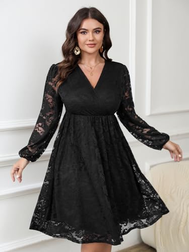 Womens Plus Size Lace Midi Dress V Neck Wrap Long Sleeve Flowy A line Cocktail Dresses for Wedding Guest3