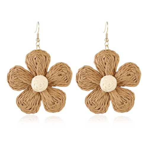 Image of Handmade Raffia Hoop Earrings Statement Tropical Bohemian Straw Dangle Earrings Natural Rattan Vacation Style Round Earrings for Women Summer Beach Party Essential Jewelry