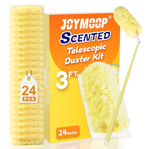 Image of JOYMOOP Scented Telescopic Duster kit, 3FT Extendable Handle (Yellow) + 24 Yellow Refills for Swiffer Feather Duster,Easy Cleaning for Ceilings, Ceiling Fans, Blinds, Vents & Shelves