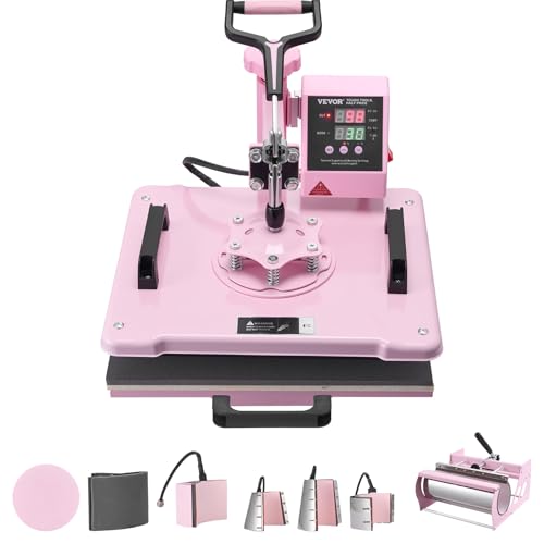 VEVOR 8 in 1 Heat Press Machine Combo with 30 OZ Tumbler Press & Hat Press 12x15 inch Heat Press for T-Shirts, Hats Caps Tumblers Glass Cans Mugs, and Plates (Pink)
