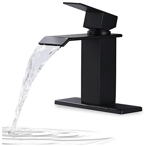 BANGPU Brass Bathroom Faucet Black, Single Handle Waterfall Bathroom Sink Faucet for Deck Mount 1 or 3 Holes, Rv Lavatory Vanity Faucet with Deck Plate and Hose Cover