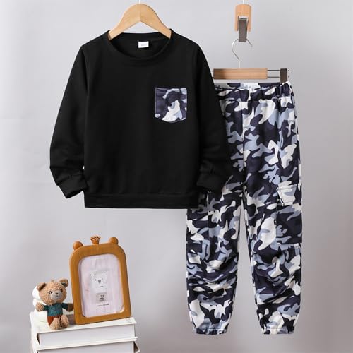 Image of Boy Clothes Plant Camouflage Pants LA Letter Print Top Sweatsuit Fall Boys Outfits Set
