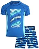 Body Glove Boys Swim Set - 2 Piece Boys Swim Trunks with Rash Guard UV Protection Swimsuit Kids Bathing Suits (Sizes 4-12), Size 8, Blue Waves
