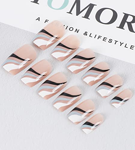 Hzacye 24 Pcs Press on Nails Short, Designed Fake Nails with Glue, Glossy Glue on Nails False Nails for Women and Girls (Nude with Colorful Line)
