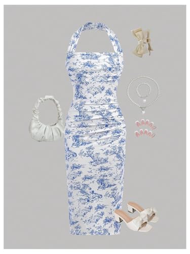 Floerns Girl's Floral Bodycon Halter Top Dress Ruched Split Midi Pencil Dresses3