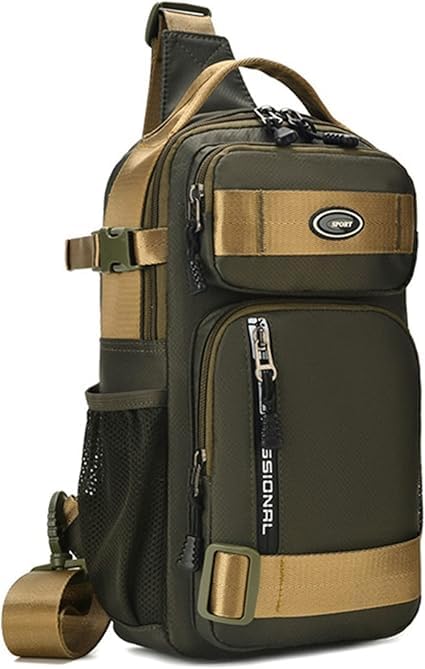 SMALL Size Army Green Waterproof Polyester Crossbody Sling Bag, Anti Theft Chest Backpack for Men & Women, College Bag, Shoulder Travel Bagpack for Outdoor Work, Hiking