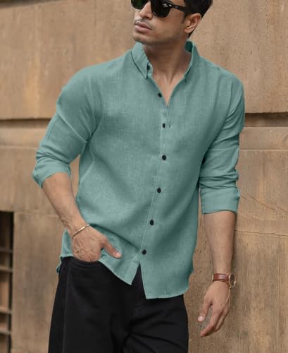 Image of NexaFlair Men's Shirt Regular Fit Solid Pattern Linen Cotton with Long Sleeve Collared Neck Standard Length and Button Down Closure Type | Mens Casual Shirts | Man's Formal Shirts