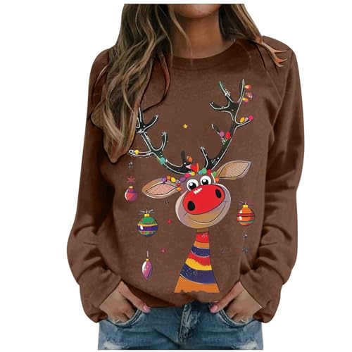 Sweatshirt femme pull imprimé Noël col rond manches longues décontracté marron