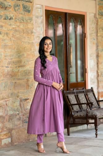 Image of Women's Dhanna Fashion Long Cut Salwar Suit with White Polka Dots,Full Sleeves, V-Neck,, Rayon