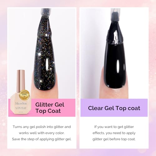 Image of MelodySusie Glitter Gel Top Coat- No Wipe Reflective Iridescent Glitter Top Coat, High Gloss Shine Finish Long Lasting Top Gel Nail Decoration for Home DIY and Nail Salon Gift for Women 0.5fl oz