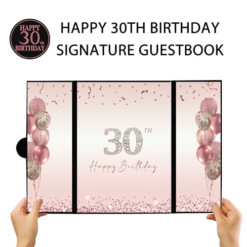Image of DARUNAXY Rose Gold 30th Birthday Party Decorations for Women, Happy 30th Birthday Alternative Signature Guest Book Black Pink 30 Birthday Signing Card Board Party Supplies Cheers to 30 Years Old Gift