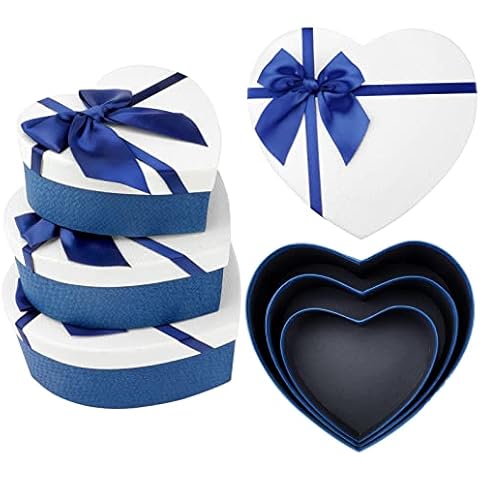 Qpout Set of 3 Love Heart Shape Gifts Box With Lids,Small Medium Large Size Empty Blue Bow Packing Box for Present Jewelry Candy Sweets,Valentine's Day Wedding Anniversary Birthday Gifts Wrapping Cover