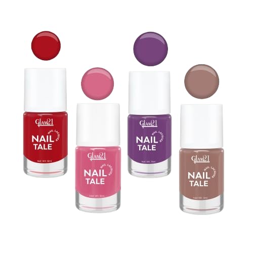 Image of Glam21 Nail Tale- Nail Lacquer | Multicolor|Quick Drying Nail Polish| Glossy Gel Finish Nail Kit | Highly Pigmented & Long Lasting | Chip Resistance | 9ml Each| Pack Of 4 (Shade-14-18-42-35)