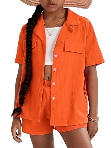 Image of WDIRARA Girl's 3 Pieces Outfit Short Sleeve Button Front Shirt with Camisole and Shorts Set