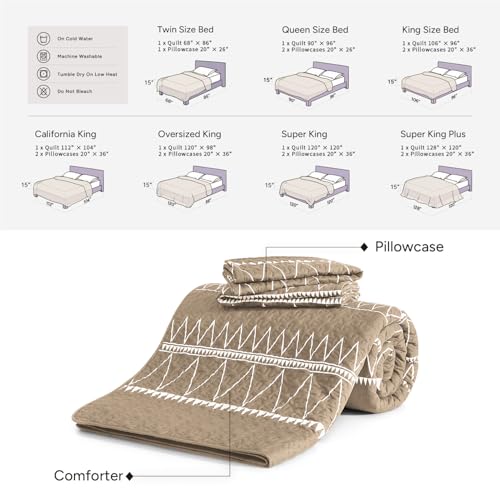 Image of Andency Taupe Quilts Queen Size, 3 Pieces Queen Quilt Bedding Set Boho Lightweight Soft Striped Bedspread for All Season (90 inchx96 inch), Printed Bohemian Polyester Reversible Coverlet Comoforter Sets