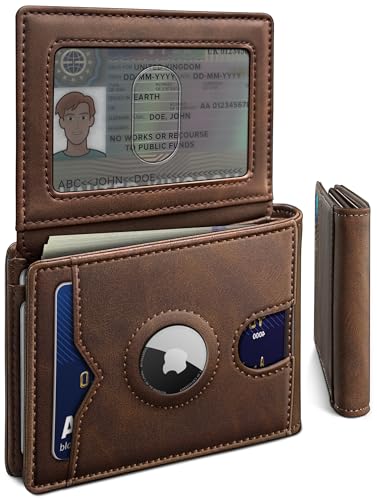 Image of miyozi AirTag Wallet for Men, Slim Leather Bifold with Holder Slot, 2 ID Windows & 13 Card Slots, RFID Blocking Front Pocket Wallet with Gift Box