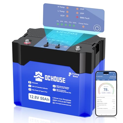 DC HOUSE 12V 50Ah 2.0 Trolling Motor LiFePO4 Battery 75A BMS DC & USB-C Port Marine Battery w/SOC Status Indicators Bluetooth & L/Temp Cut-Off Group 47 Replace Trolling Motor Box for 30-65 lbs
