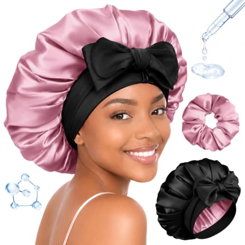 Image of BONNET QUEEN Silk Bonnet for Sleeping Women Hyaluronic Acid Infused Satin Bonnet for Curly Hair Double Layer Hair Wrap Adjustable Sleep Cap with Tie Band & Scrunchie, Black & Rose