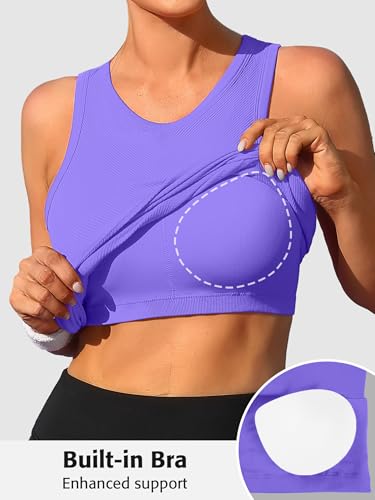 Image of ATTRACO Ribflex Workout Tank Tops for Women Seamless Full Length Gym Tops Athletic Yoga Top Built in Bra