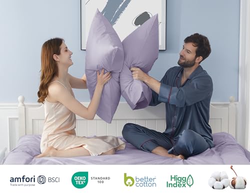 Pillow Cases, King Size Cotton Percale Weave Pillowcases, Pre-Shrunk Breathable and Hypoallergenic Pillowcases, Set of 2 (2 Piece King 20 Inch x 40 Inch, Light Purple)