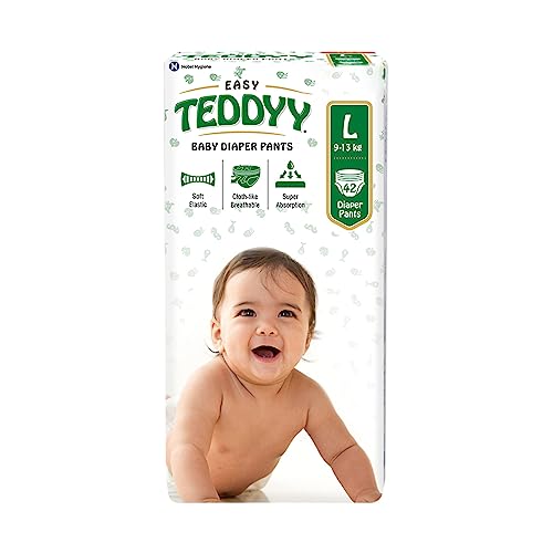 Image of TEDDYY Easy Baby L Size Diaper Pant Style | 42 Count (Large) | 9-14 kg (Pack of 1) | Long Protection Hours | Anti-Bacterial | Airy Breathable Fit | Rapid Soaker Channels with Wetness Indicator
