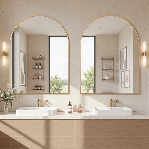 Image of Antok Arched Bathroom Mirror, 30 inchx40 inch Wall Mounted Mirror, Vanity Mirrors for Over Sink, Aluminum Alloy Frame Bathroom Mirrors Living Room, Bedroom and Entryway, Gold